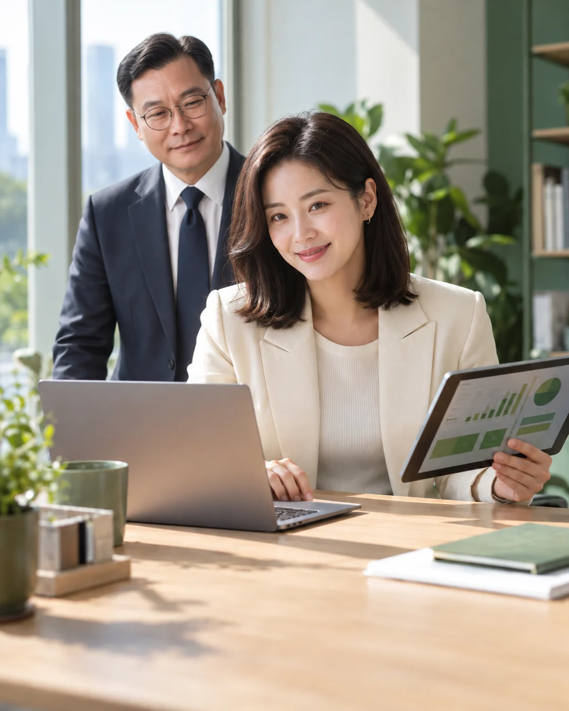 앞에서 노트북과 태블릿을 활용하는 여성 설계사와 뒤에서 든든하게 지원하는 지점장